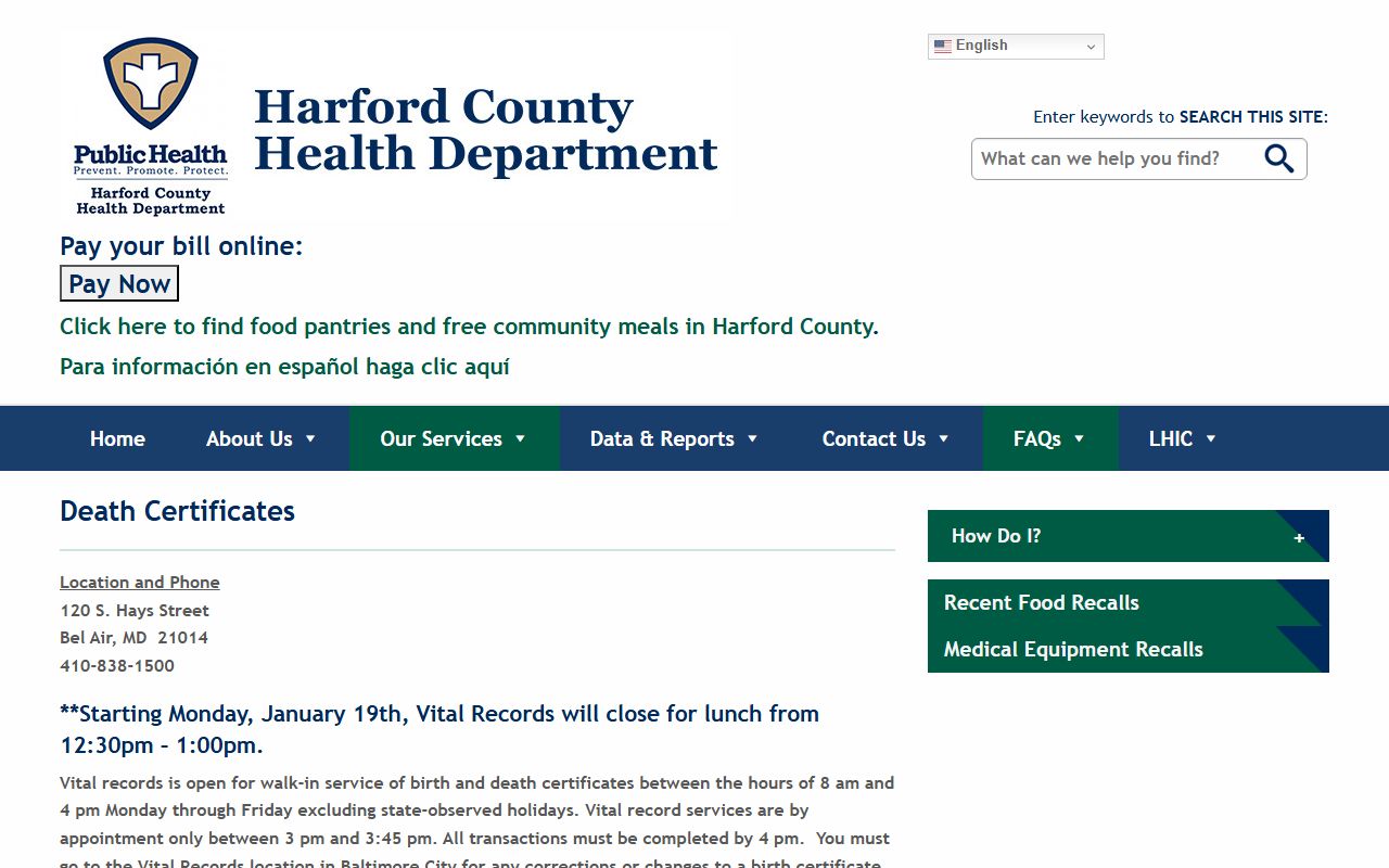 Harford County Health Department death certificates page for Bel Air South death index records