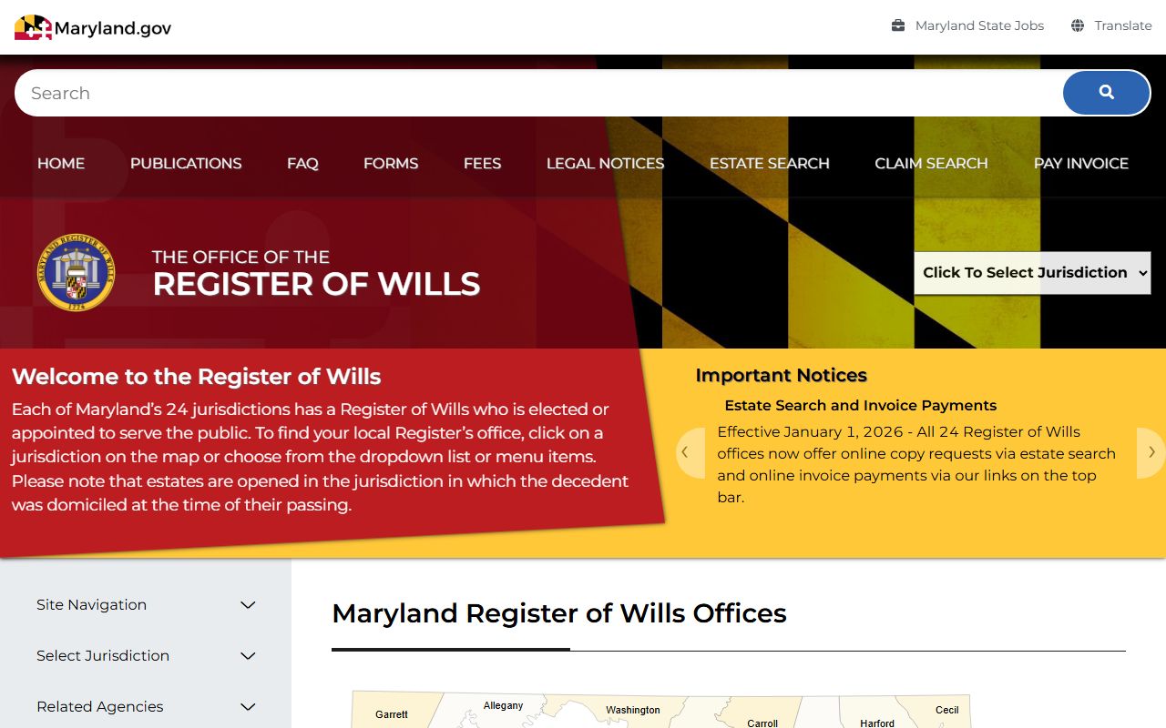 Maryland Register of Wills portal for Baltimore City death index and estate records