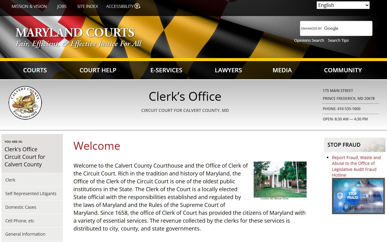 Calvert County Circuit Court clerk's office in Prince Frederick for death index estate records