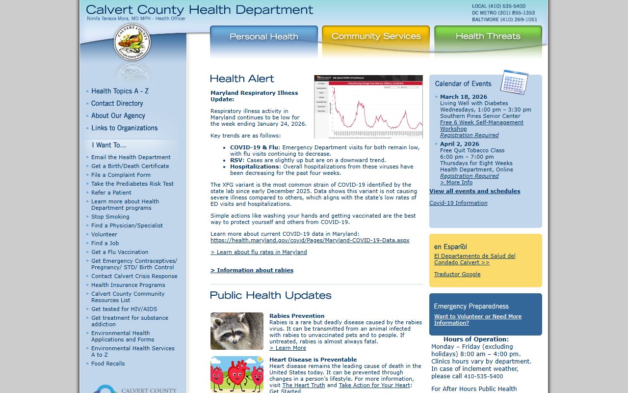 Calvert County health department website for death index and certificate requests