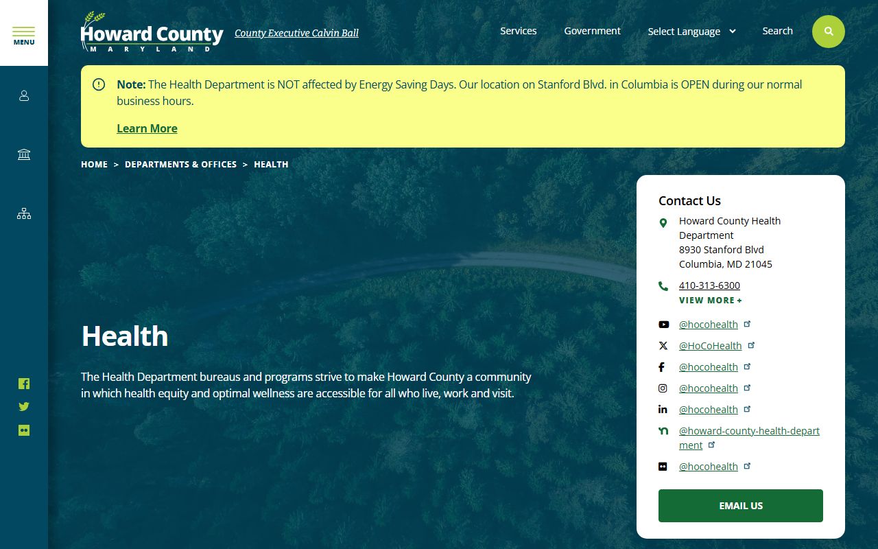 Howard County Health Department website showing death index information for Columbia Maryland