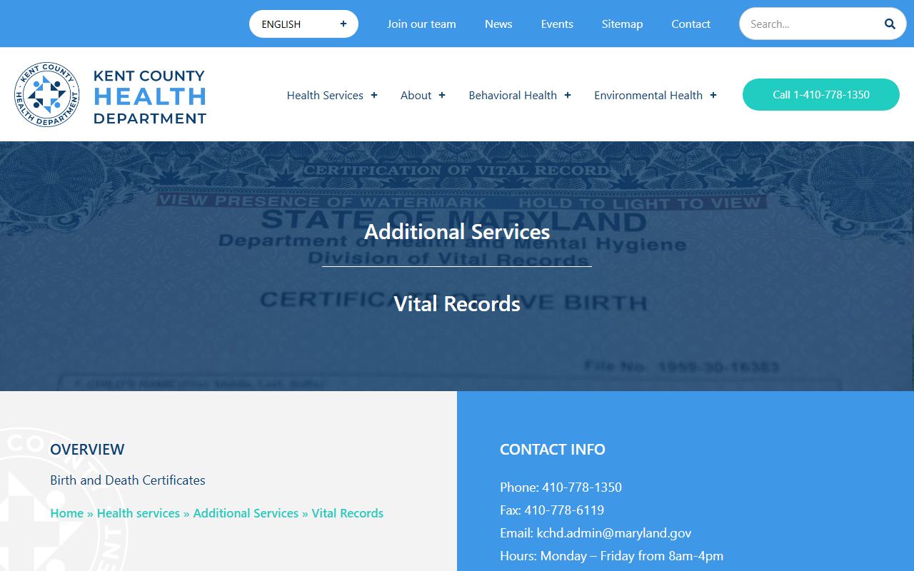 Kent County Health Department vital records page for death index in Chestertown Maryland