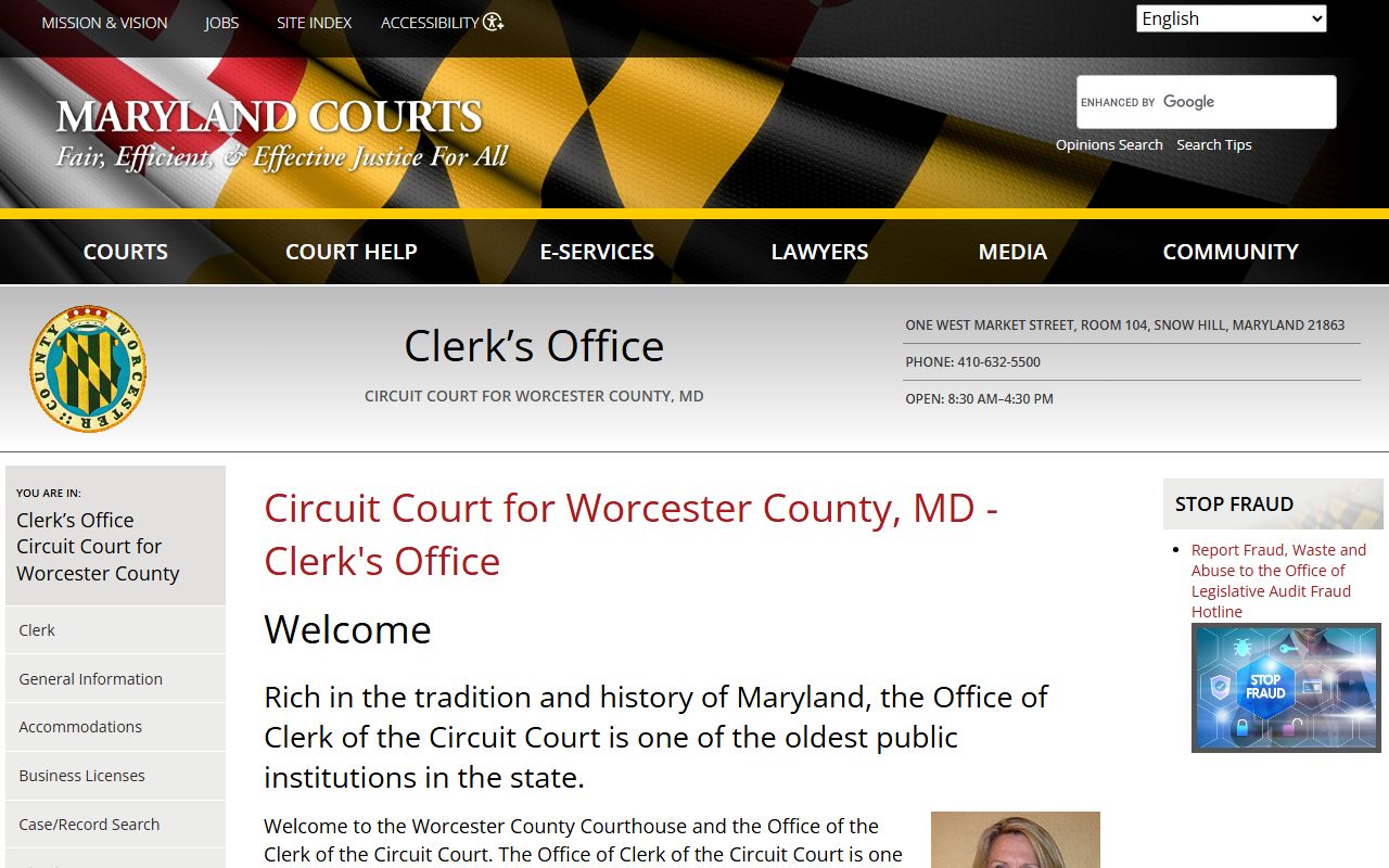 Worcester County Circuit Court in Snow Hill handling death index estate and land records