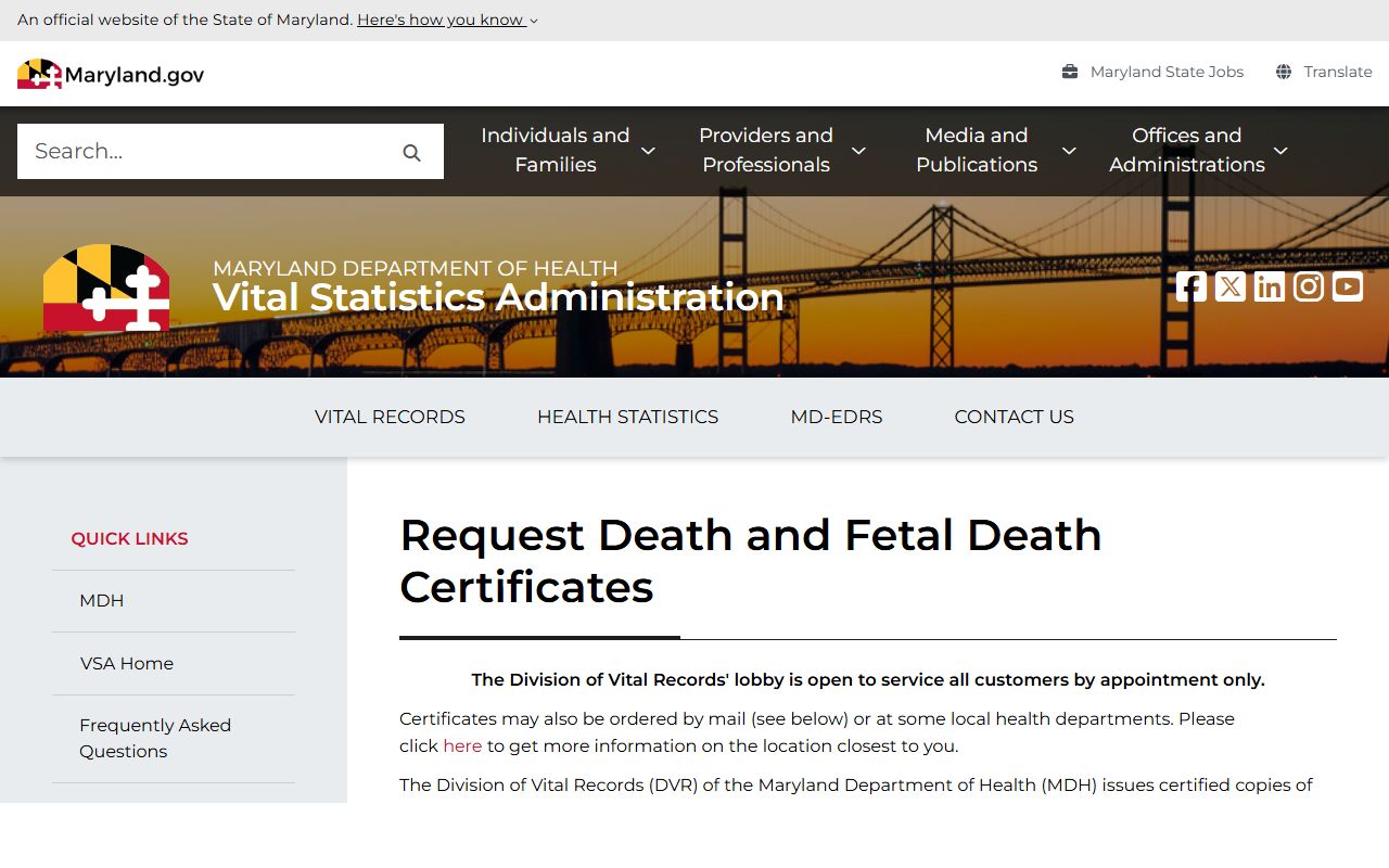 Maryland Department of Health death certificate request portal for Maryland Death Index records