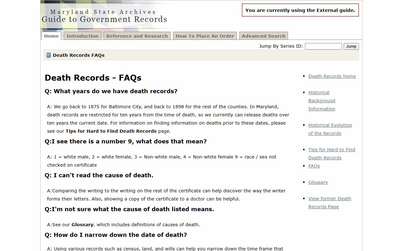 Maryland State Archives death records FAQ page covering Death Index research questions and restrictions