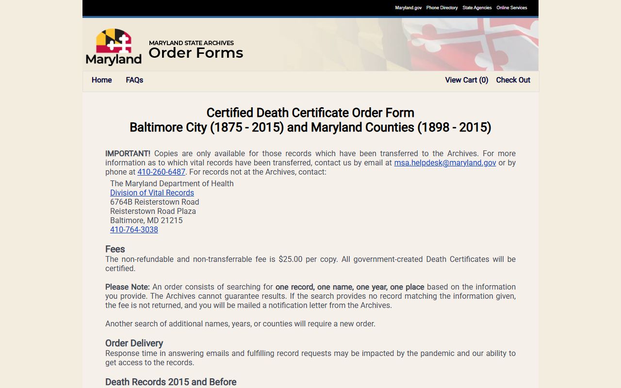 Maryland State Archives death certificate order form showing required fields for Death Index records