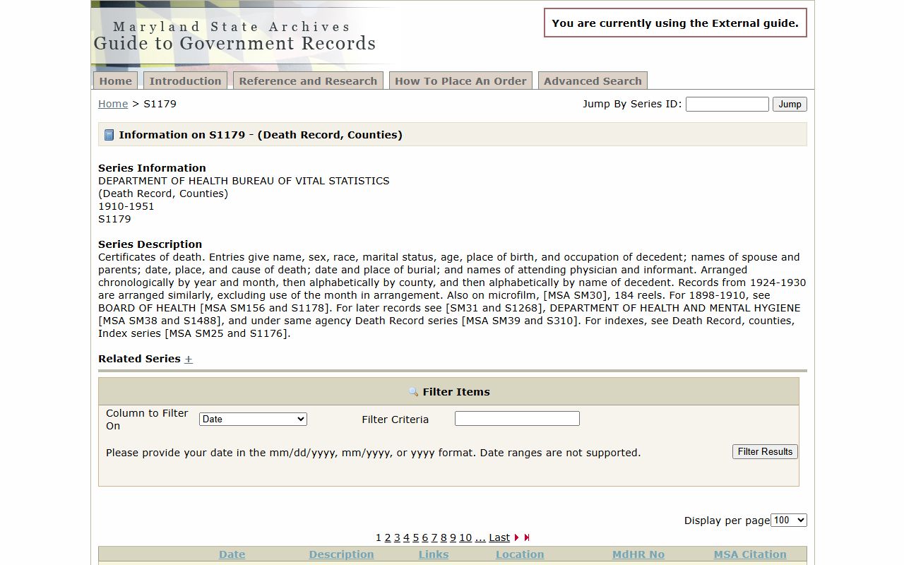 S1179 series for Maryland death records from 1910 to 1951 on microfilm at State Archives