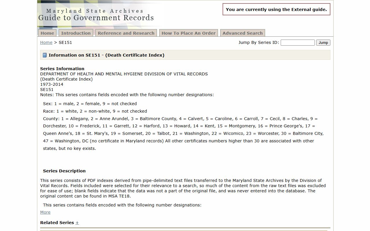 SE151 Maryland Death Index database covering 1973 to 2014 at the State Archives
