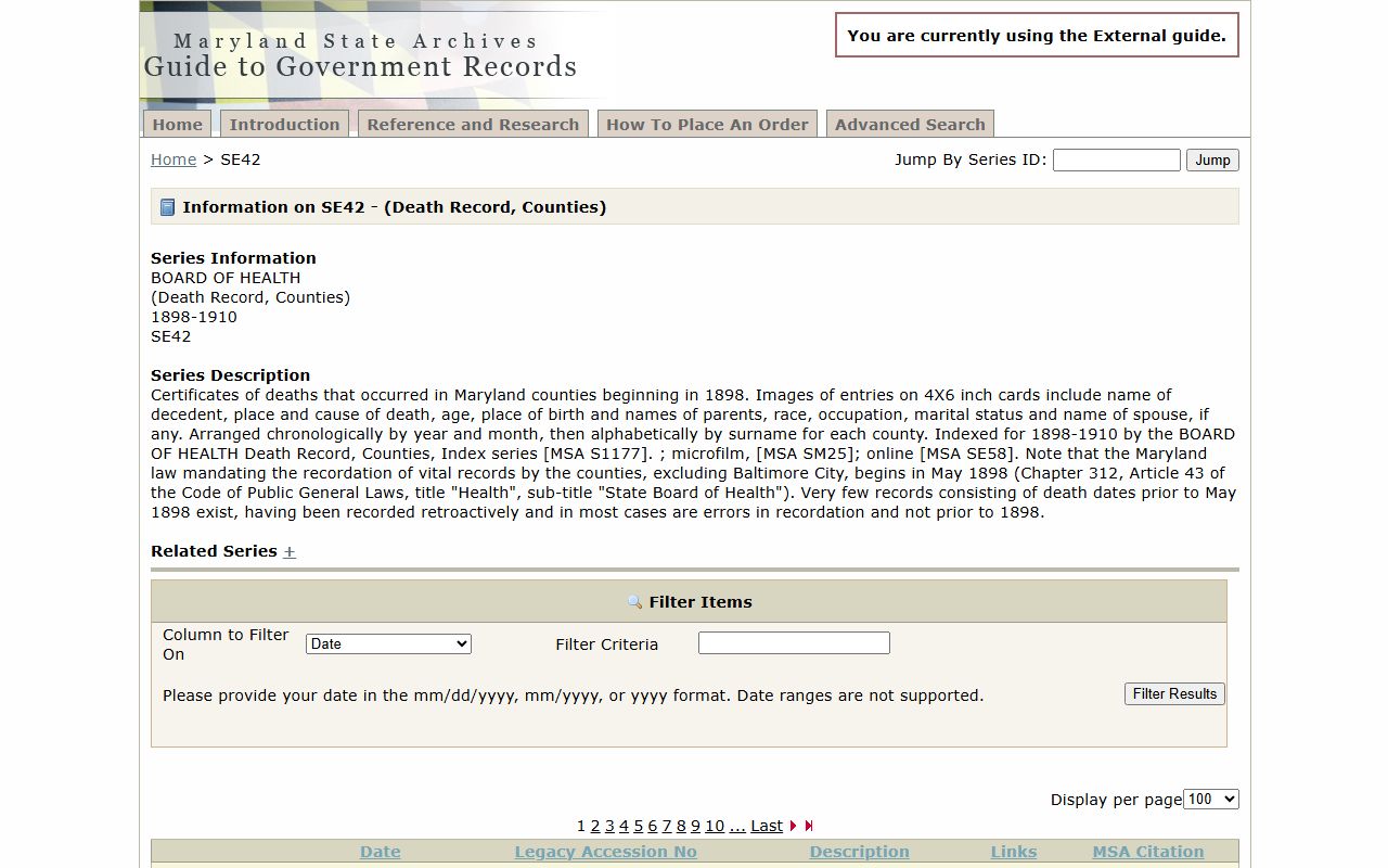 SE42 Maryland death records from 1898 to 1910 available online at the State Archives