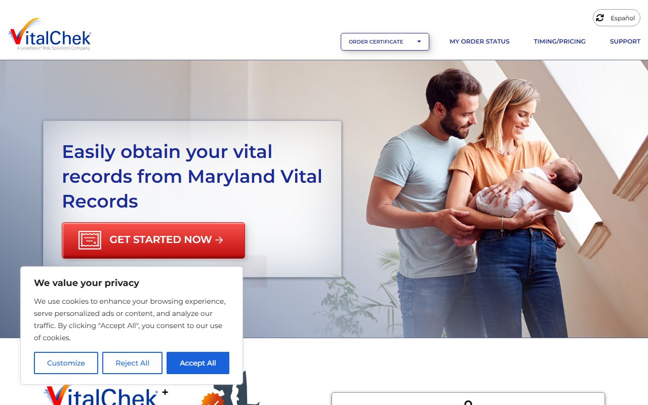 VitalChek Maryland vital records ordering page for death certificates from the Death Index
